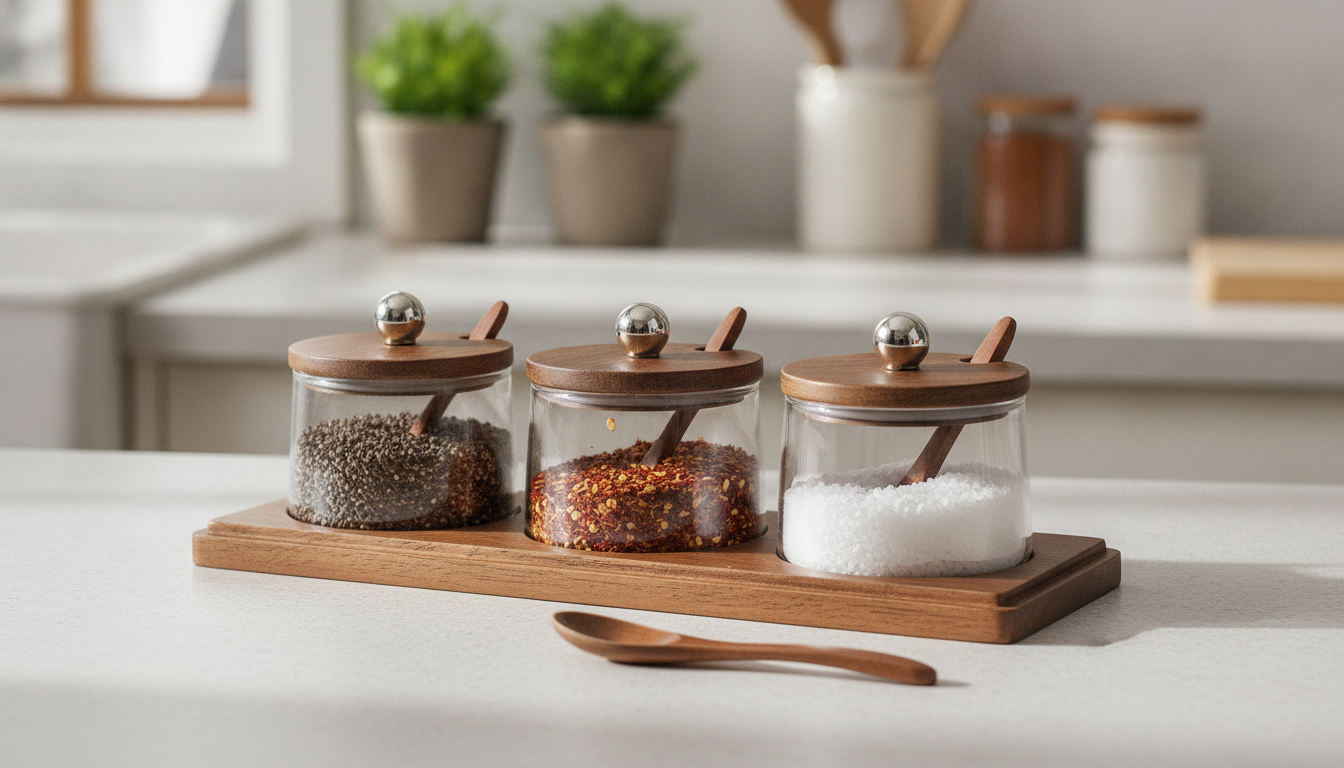 Glass Seasoning Jar Set with Wooden Lids & Acacia Tray